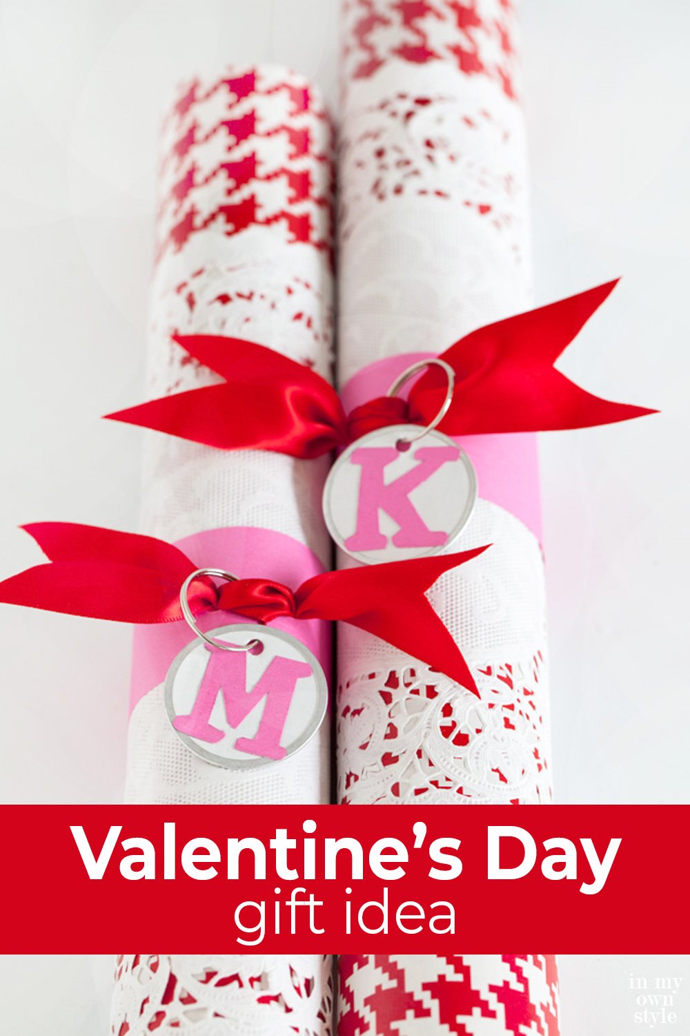 Two cardboard tubes creatively wrapped for Valentine's Day giving.