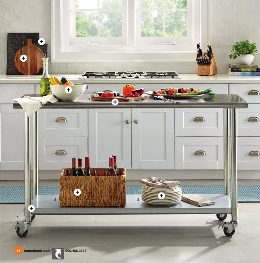 Stainless steel long kitchen island on wheels