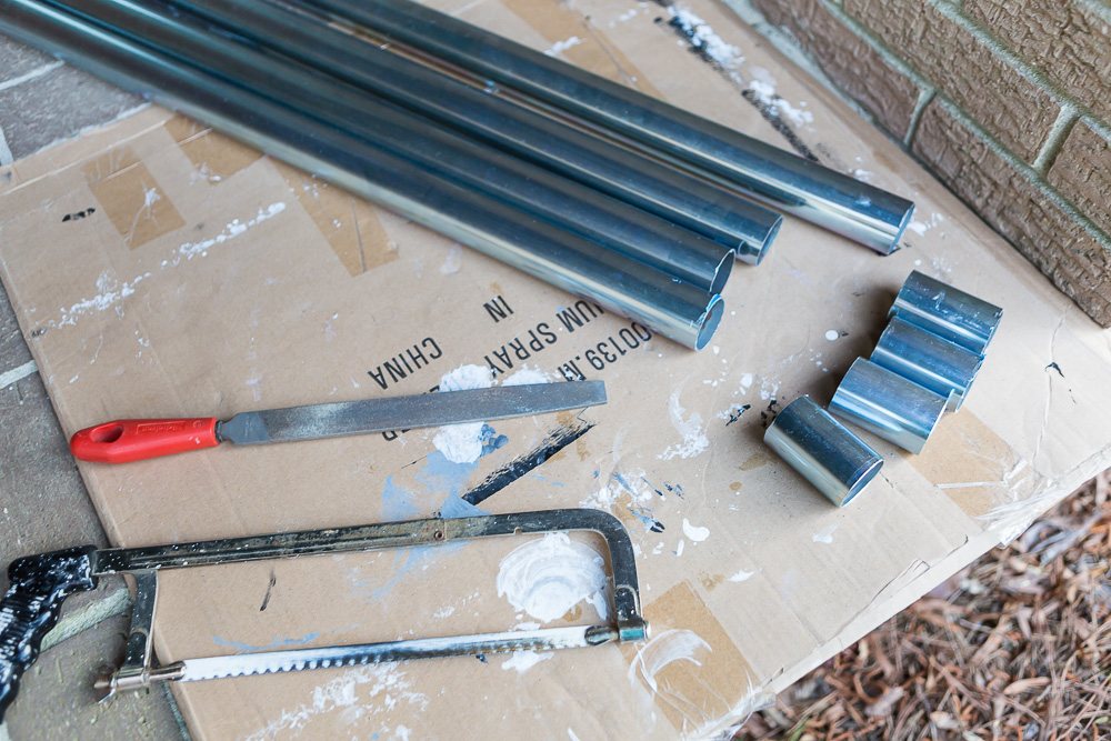 How to cut metal poles to shorten a kitchen island cart on wheels