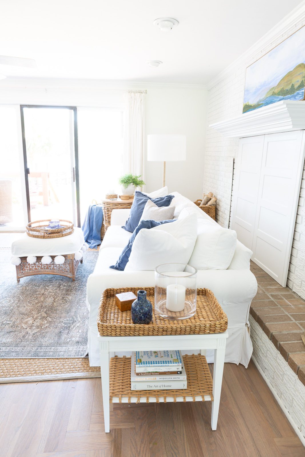 looking at the side view of sofa in coastal living room