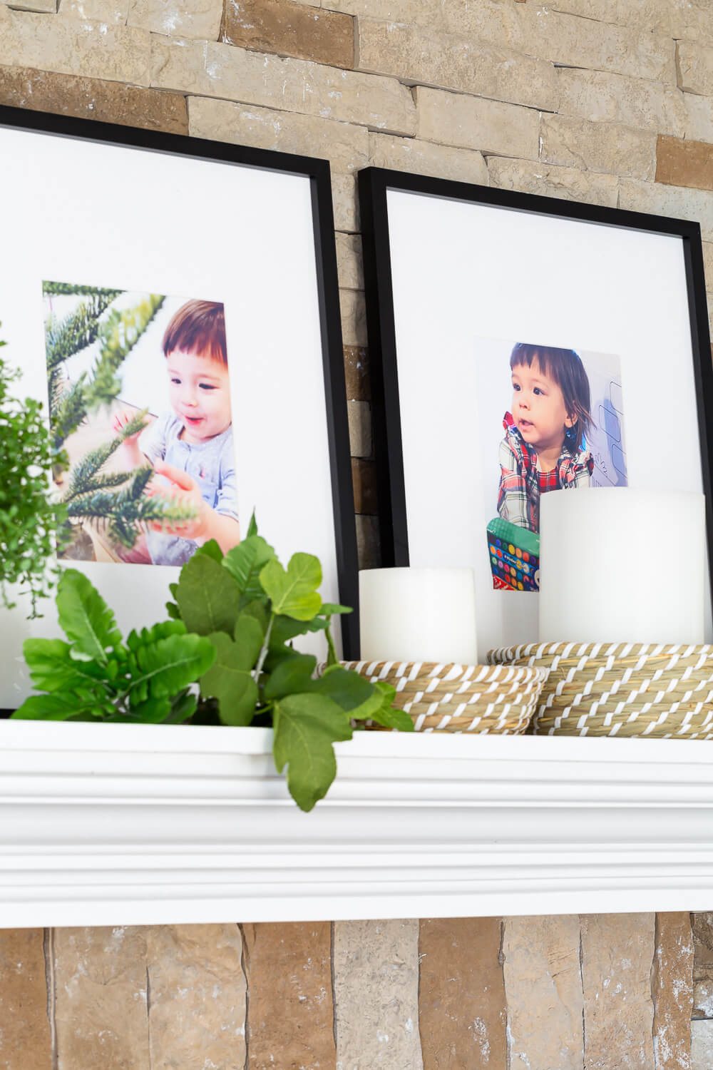 Decorating ideas using family photos on a mantel.