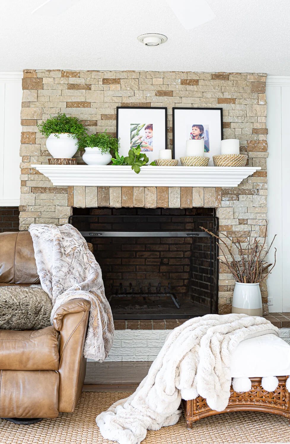 Fireplace decorated for the winter months.