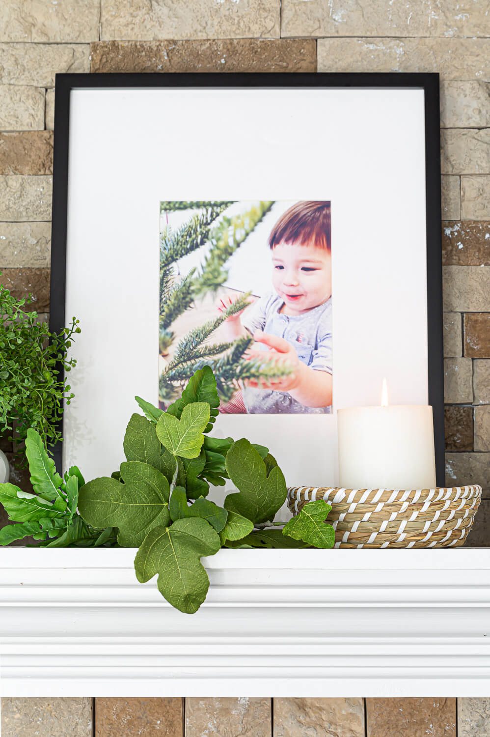 Displaying family photos on a mantel
