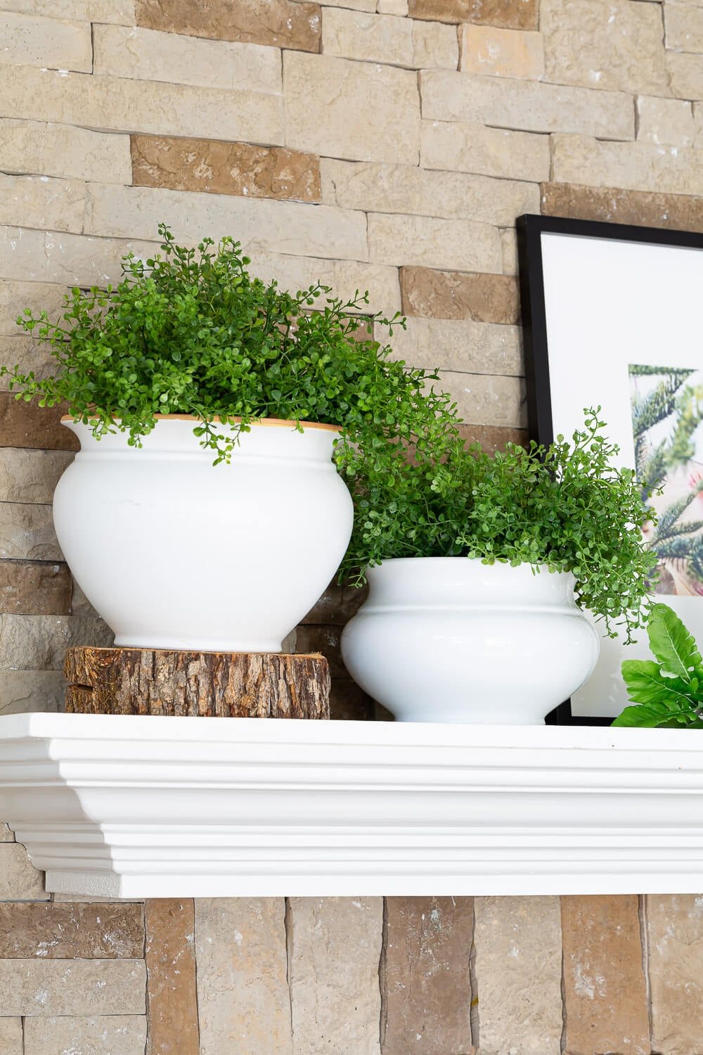 After Christmas Winter decorating ideas for mantels. White planters and greenery on stone and white fireplace.
