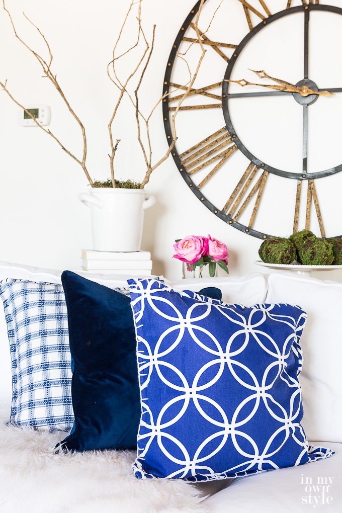 blue and white napkin covered pillows