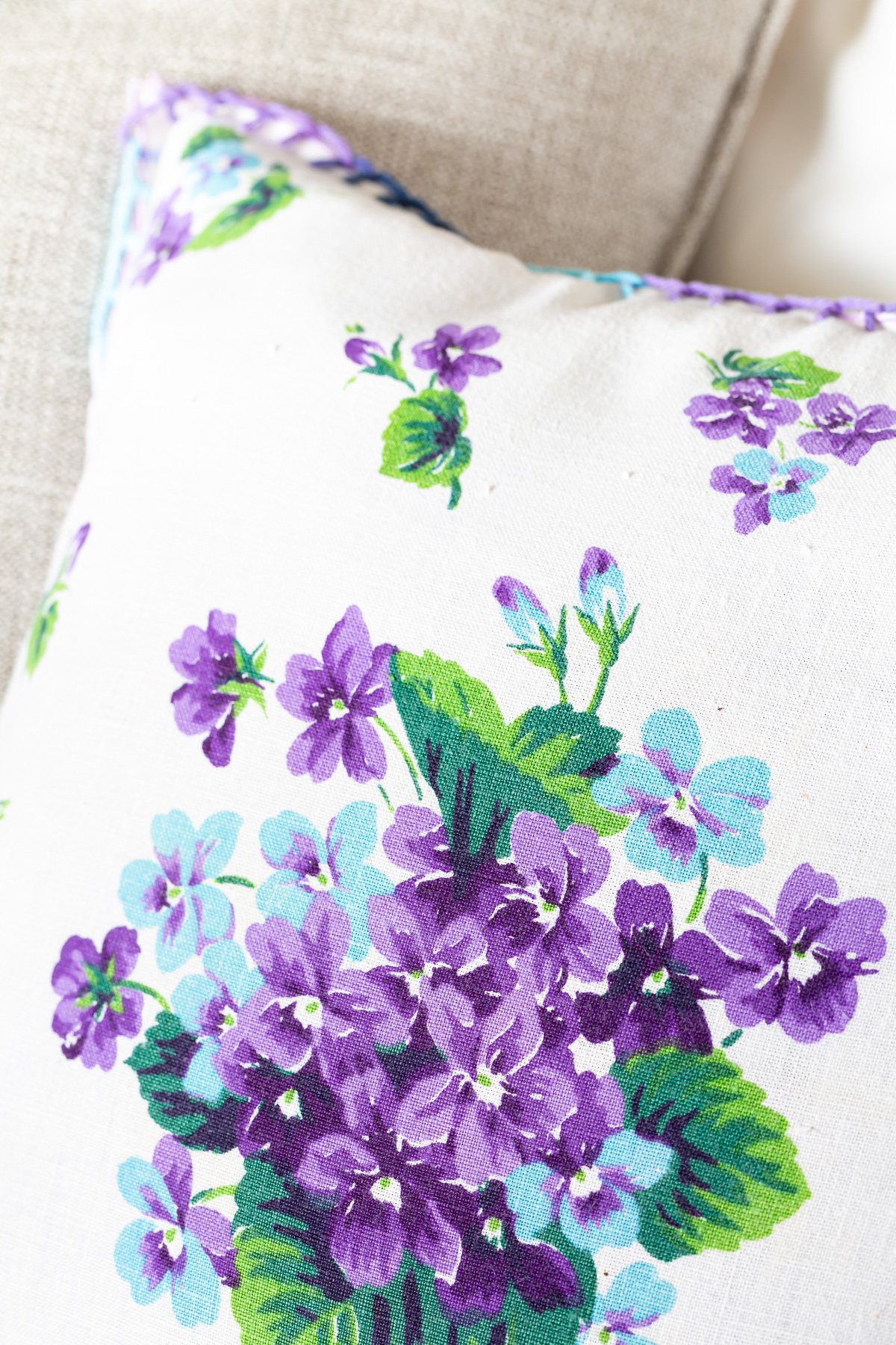 close up of flower pattern on vintage linen napkin