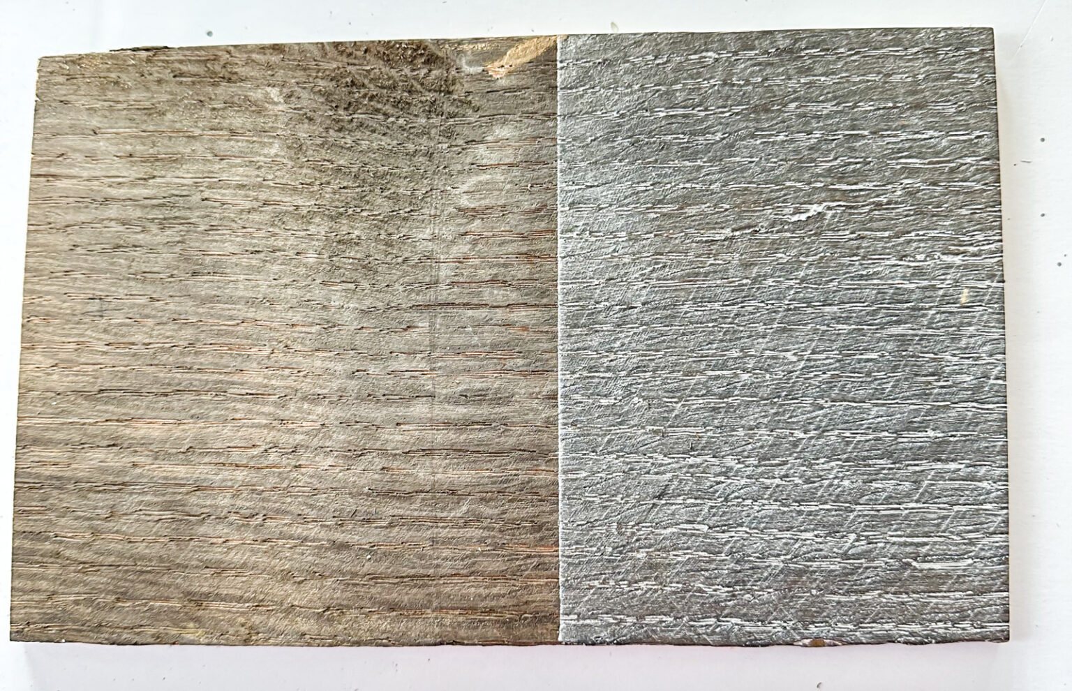 before and after of a piece of wood that has a specialty paint finish on it called Better With Age and Liming Wax on top