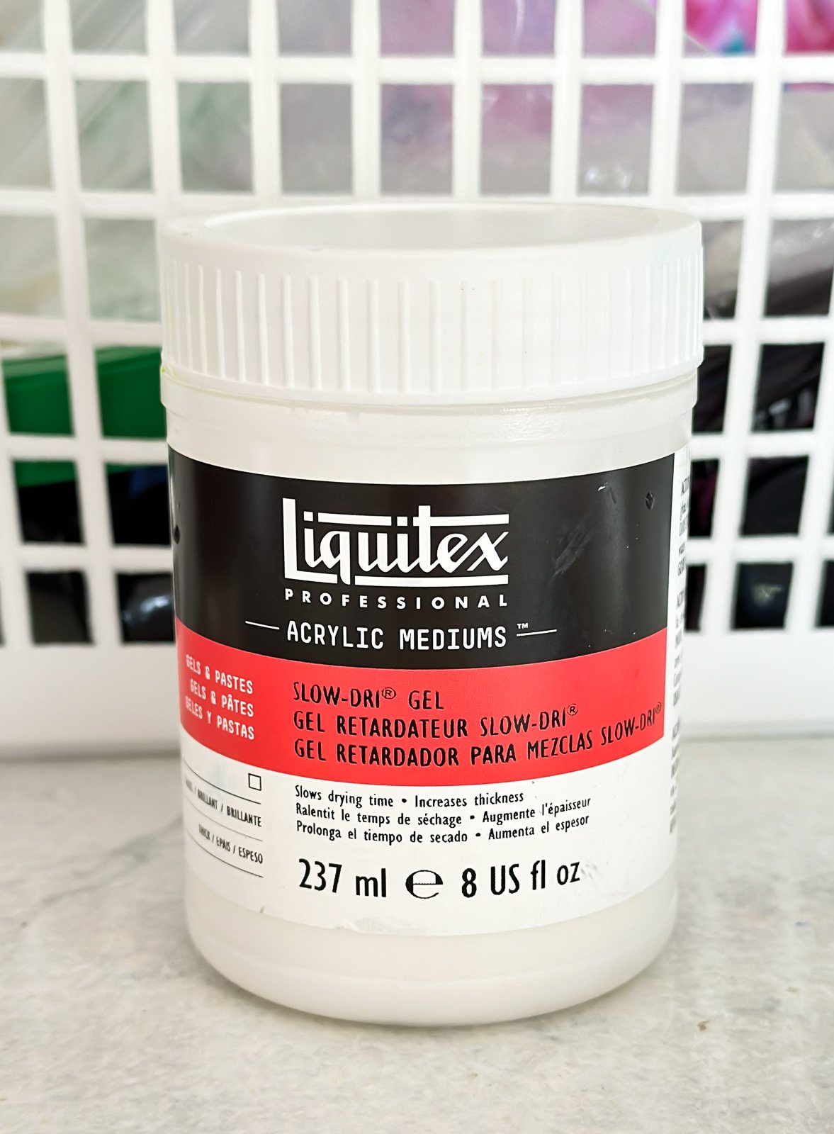 a jar of Liquitex Acrylic Medium - Slow Dry Gel used to thicken and add texture to acrylic paint and allow for slow drying.