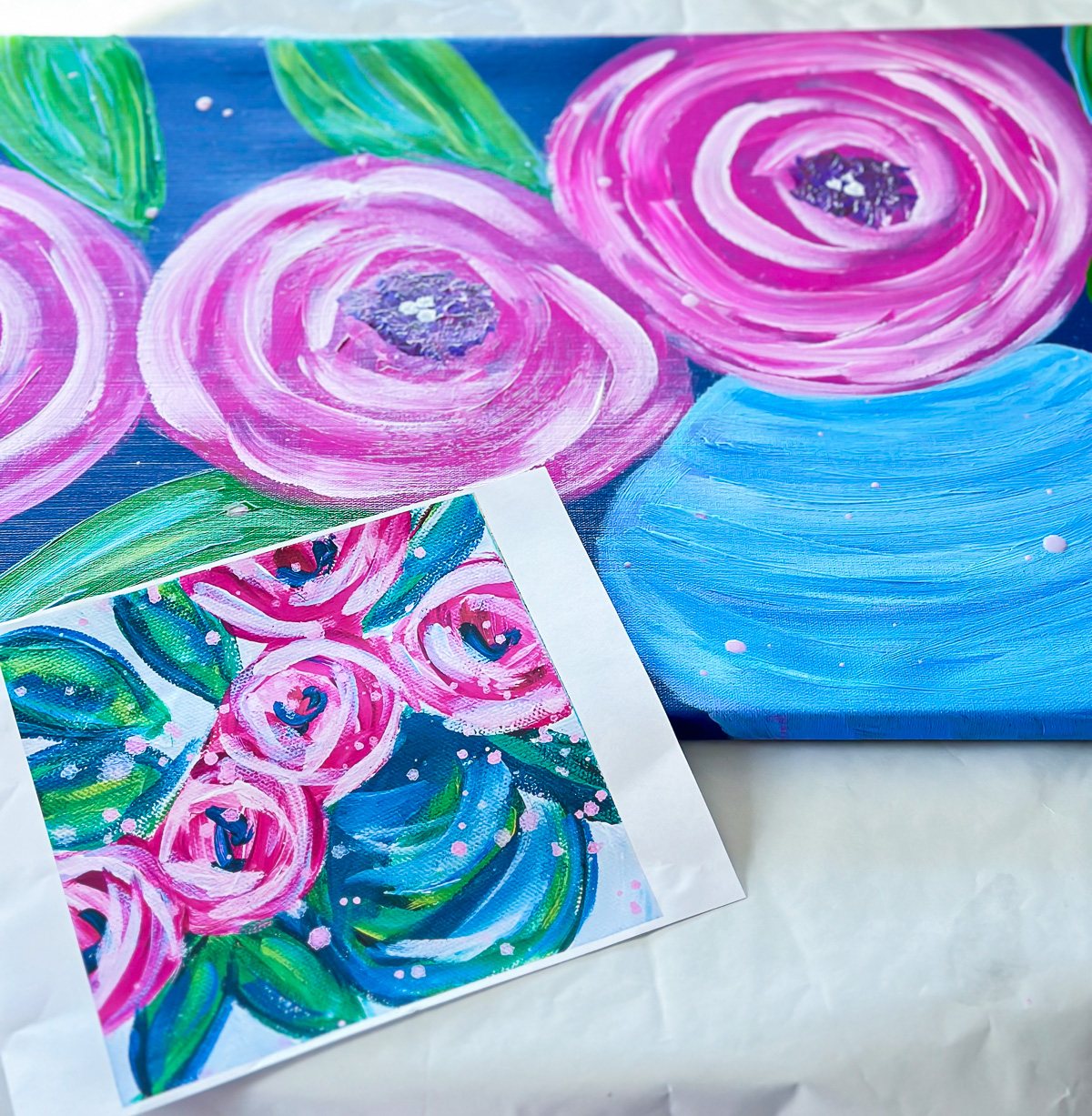 Finished painted canvas with inspiration photo.