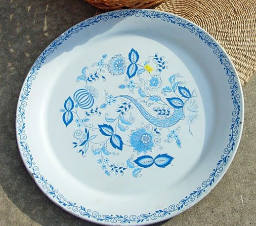 where you can find a white and blue patterned serving tray