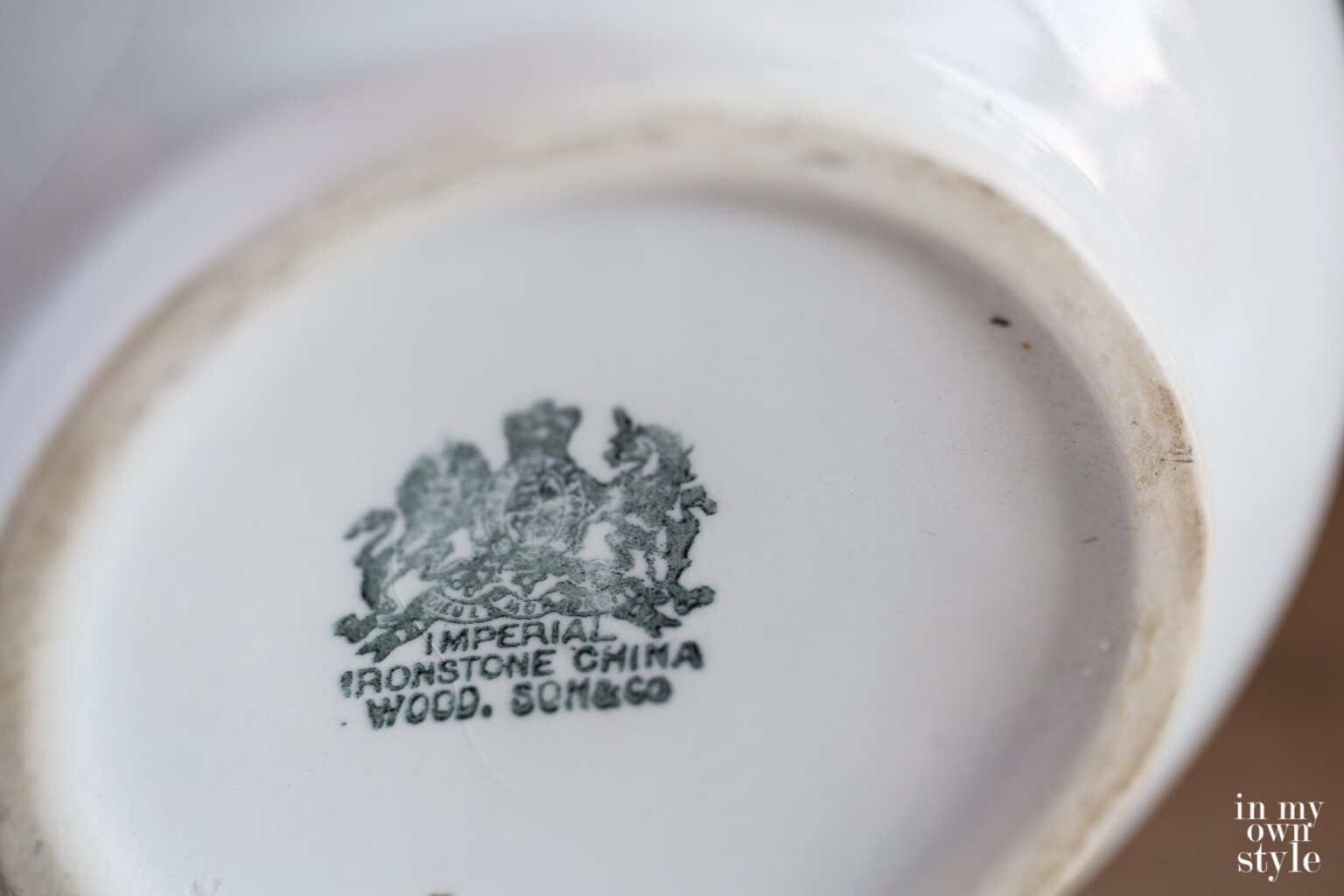 Ironstone marking on bottom of white pitcher.