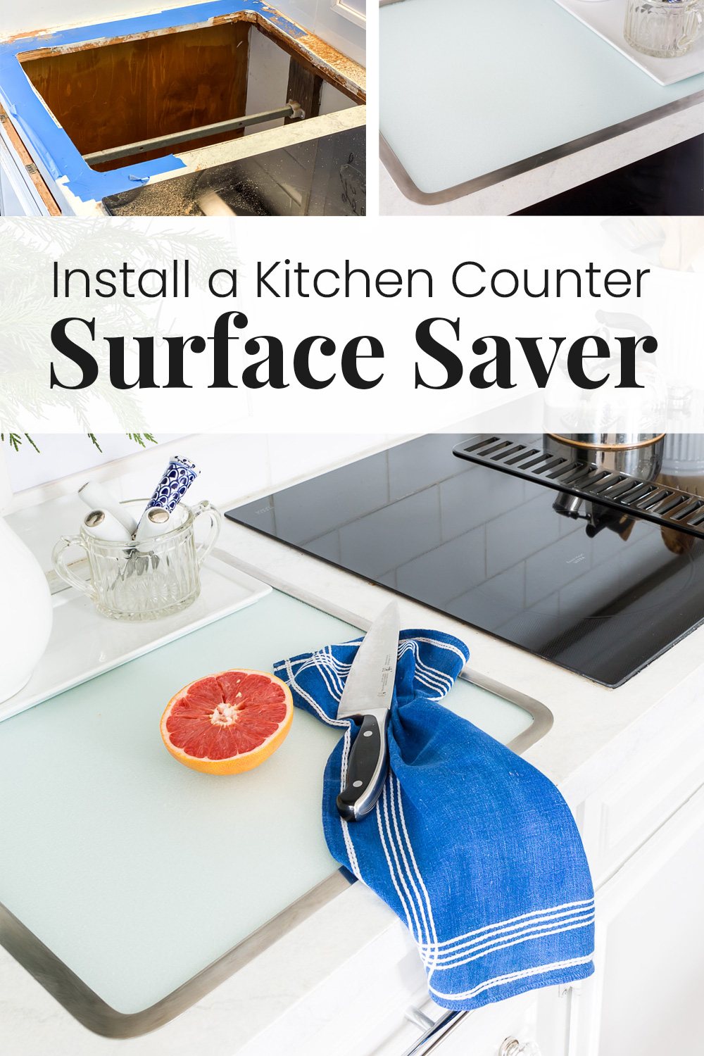 Photos showing the process for installing a Vance Tempered glass kitchen counter Surface Saver