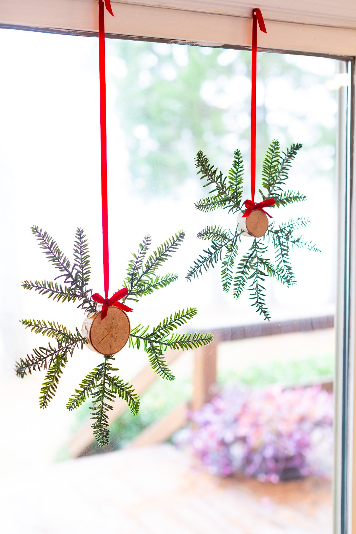 2 pine star ornaments hanging in window