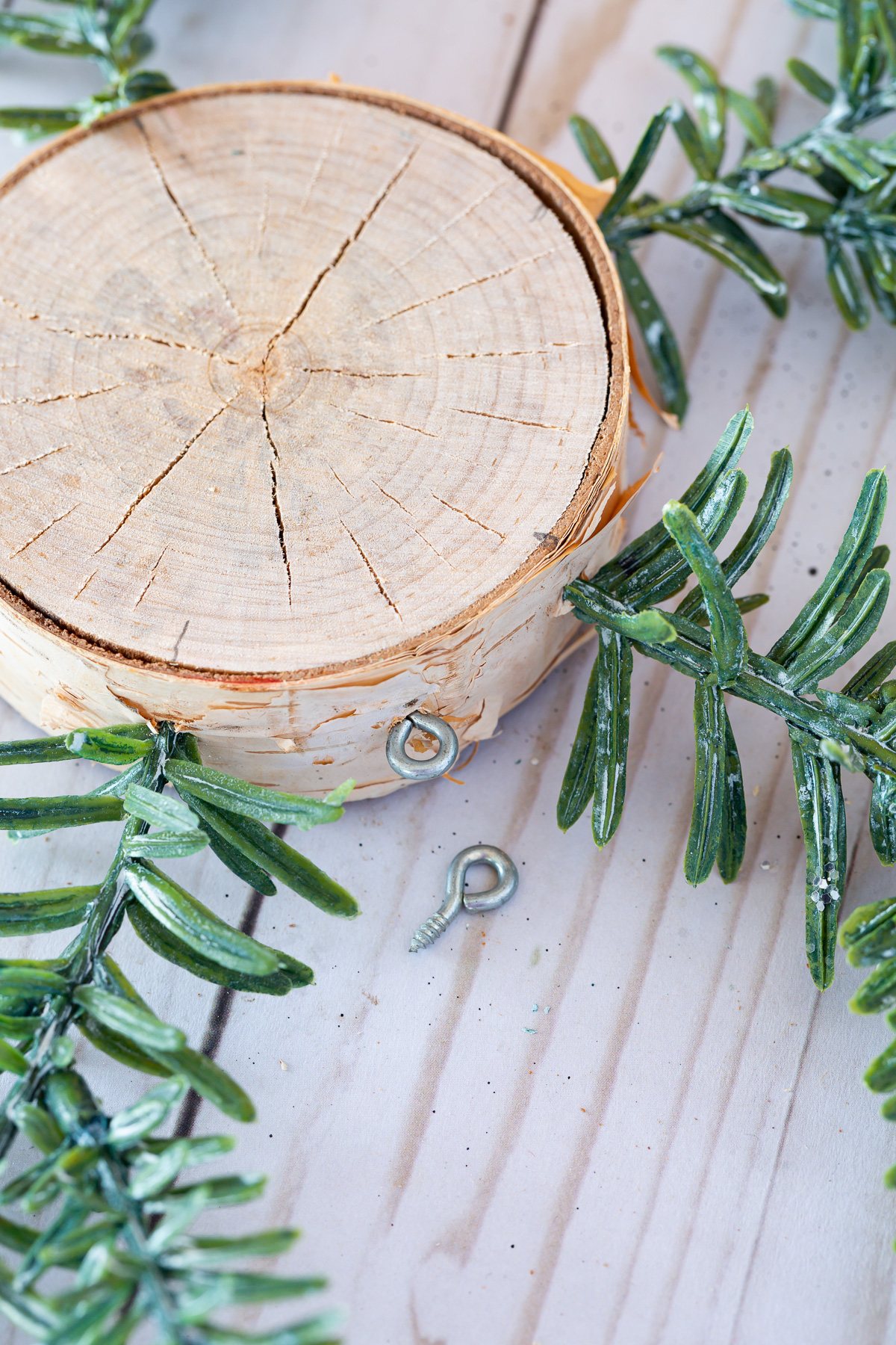 tree trunk slice with pine branches attached to the sides and hook.