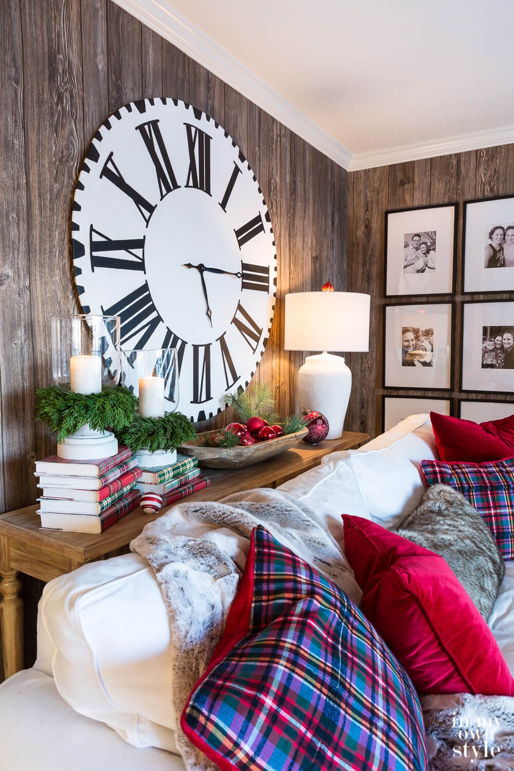 Christmas decorated living room using red and plaid.