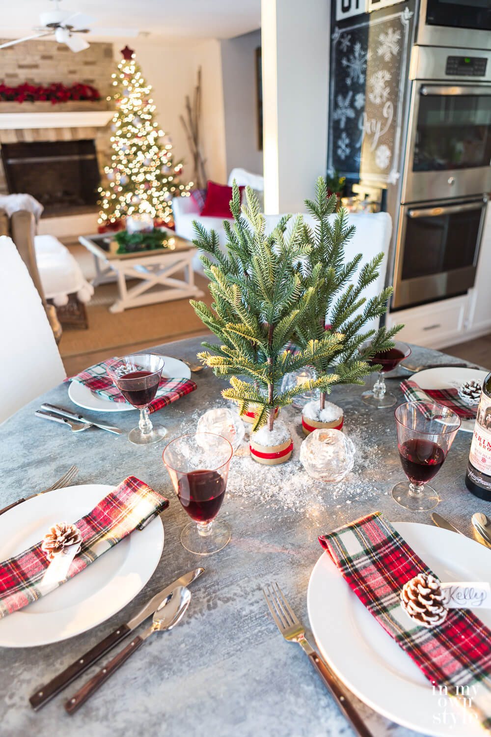 Christmas decorated kitchen and table setting.