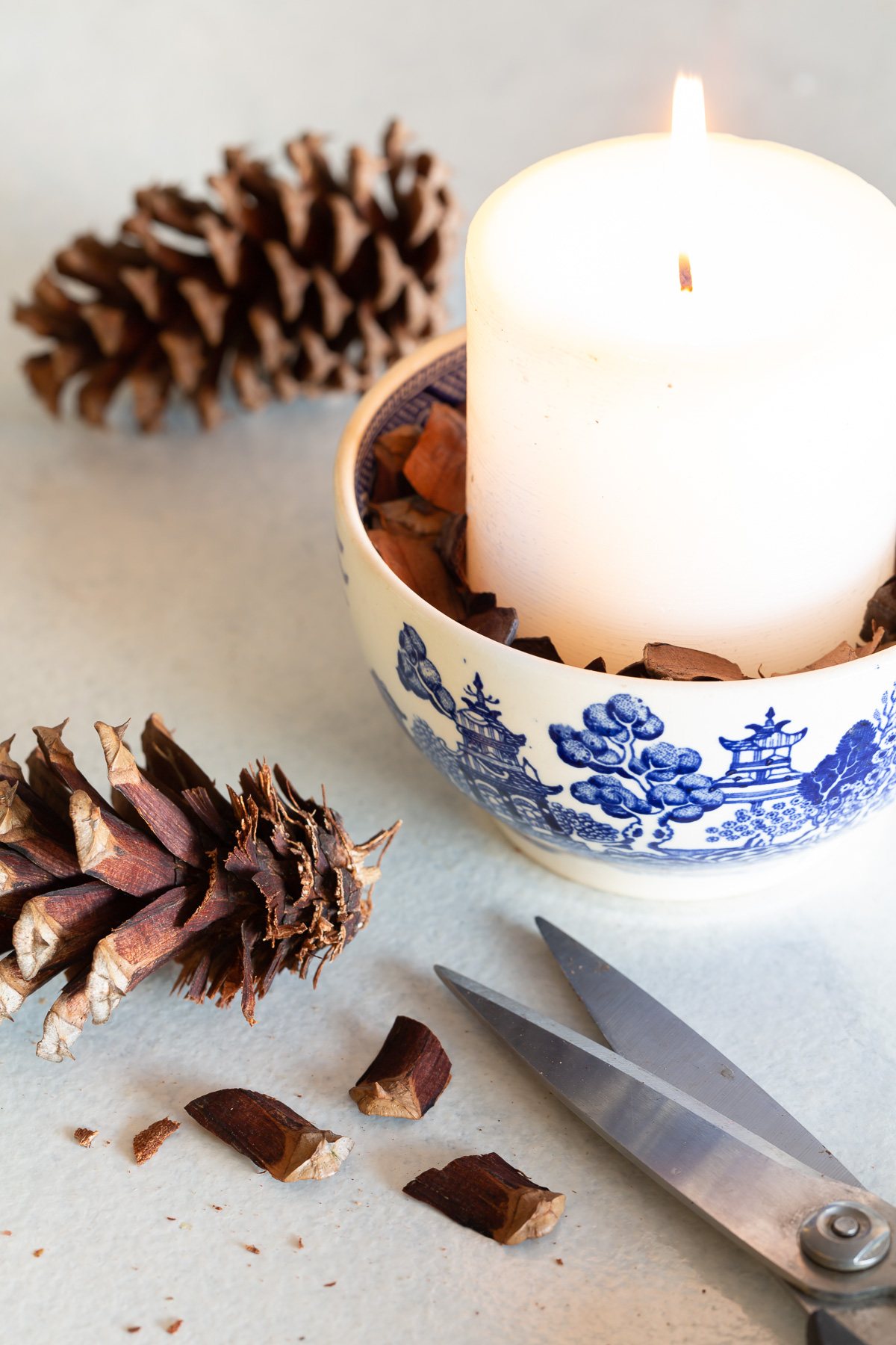 small blue and white bowl with white candle and pieces of a pine cone.