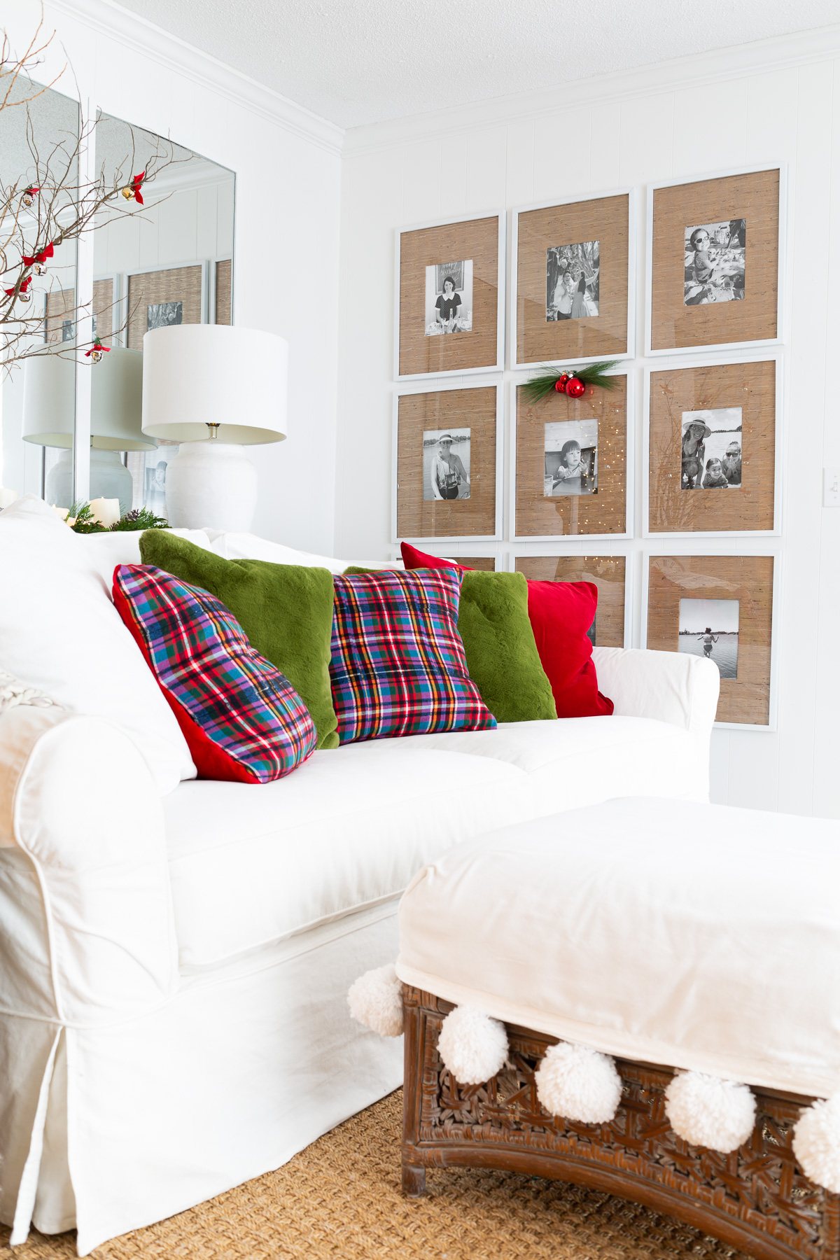 red and green and plaid living room decorated for Christmas