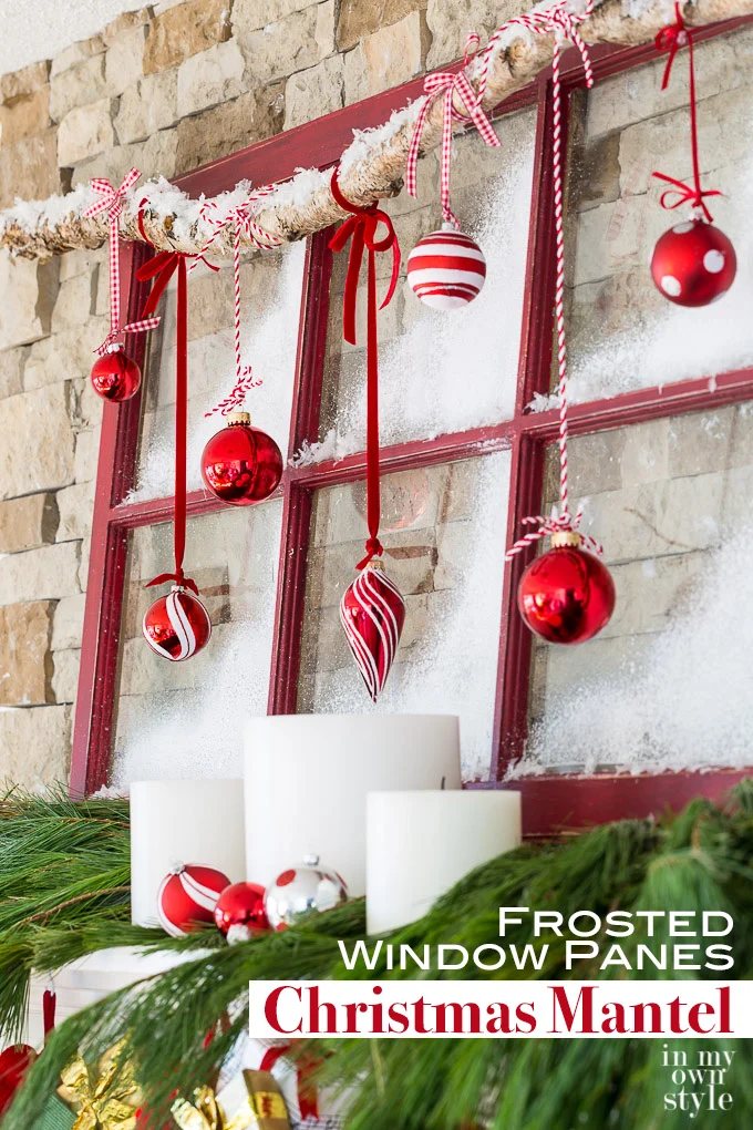 Christmas mantel decorating idea that repurposes an old window sash to create a frosted window pane holiday mantel. #Christmasdecorations #ChristmasDIY, #ChristmasRepurposedDecor #TraditionalChristmasDecorations