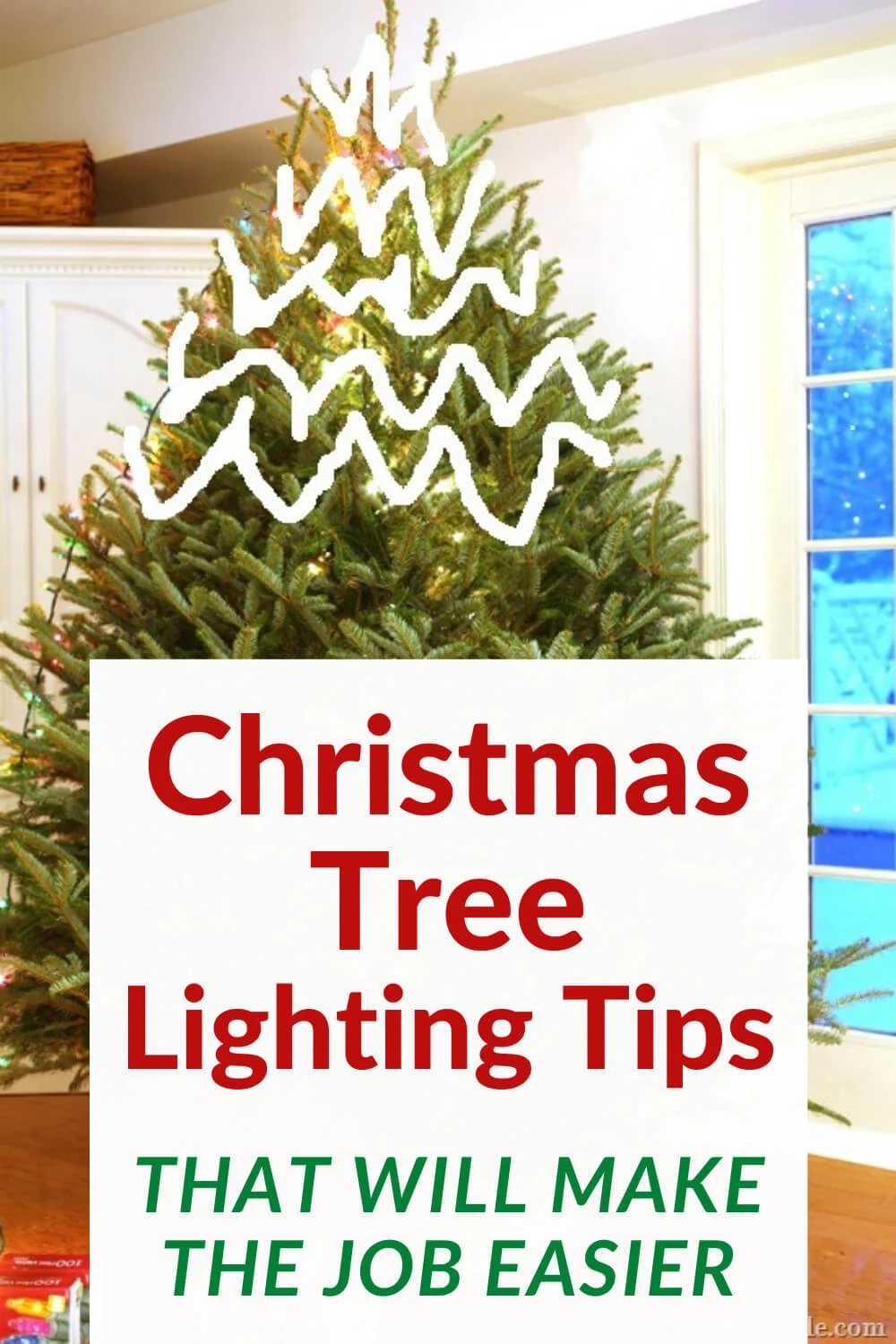 How to put strings of lights on a Christmas tree the easy way. Photo of a Christmas tree with weave pattern on it to show stinging technique.