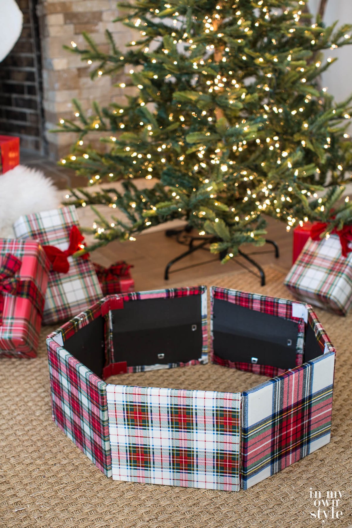 DIY Christmas tree collar ready to wrap around Christmas tree stand.