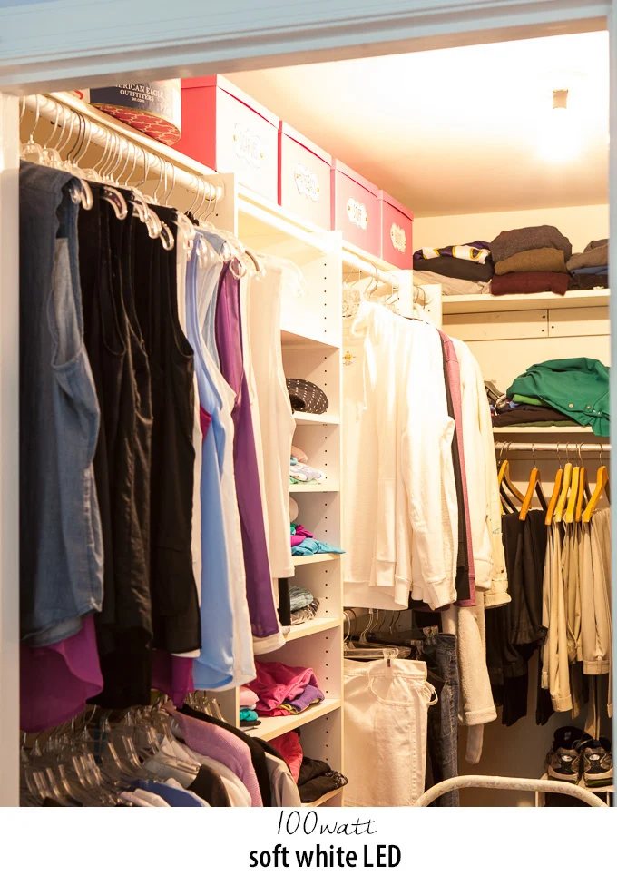 Experiment with different types and wattages of lightbulbs to get the best lighting for your clothes closet