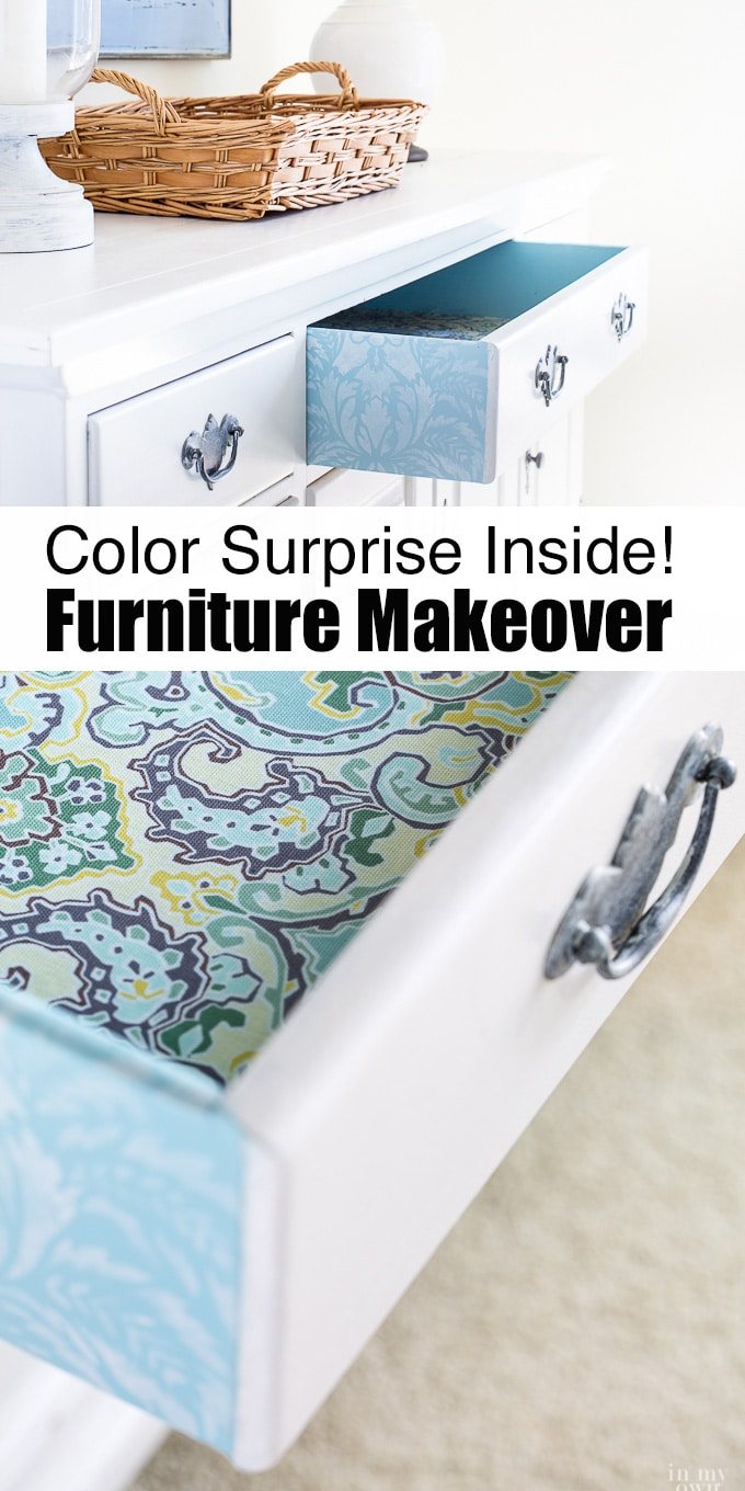 Image shows two after photos of dresser drawer makeover. Text overlay on image says Colorful Surprise Inside! Furniture Makeover