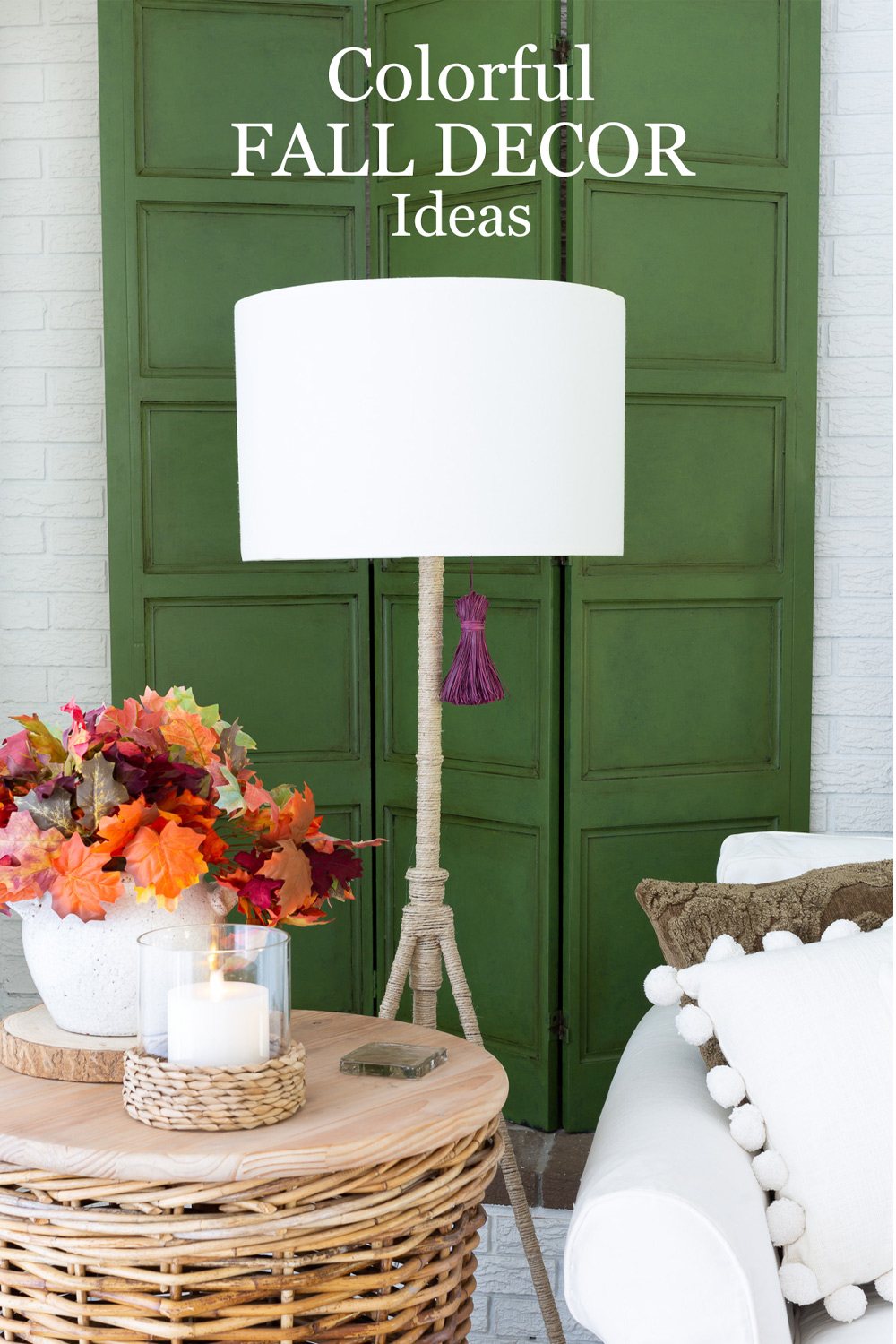 colorful fall decor ideas. Decorative green paneled screen with floor lamp in fall colors.