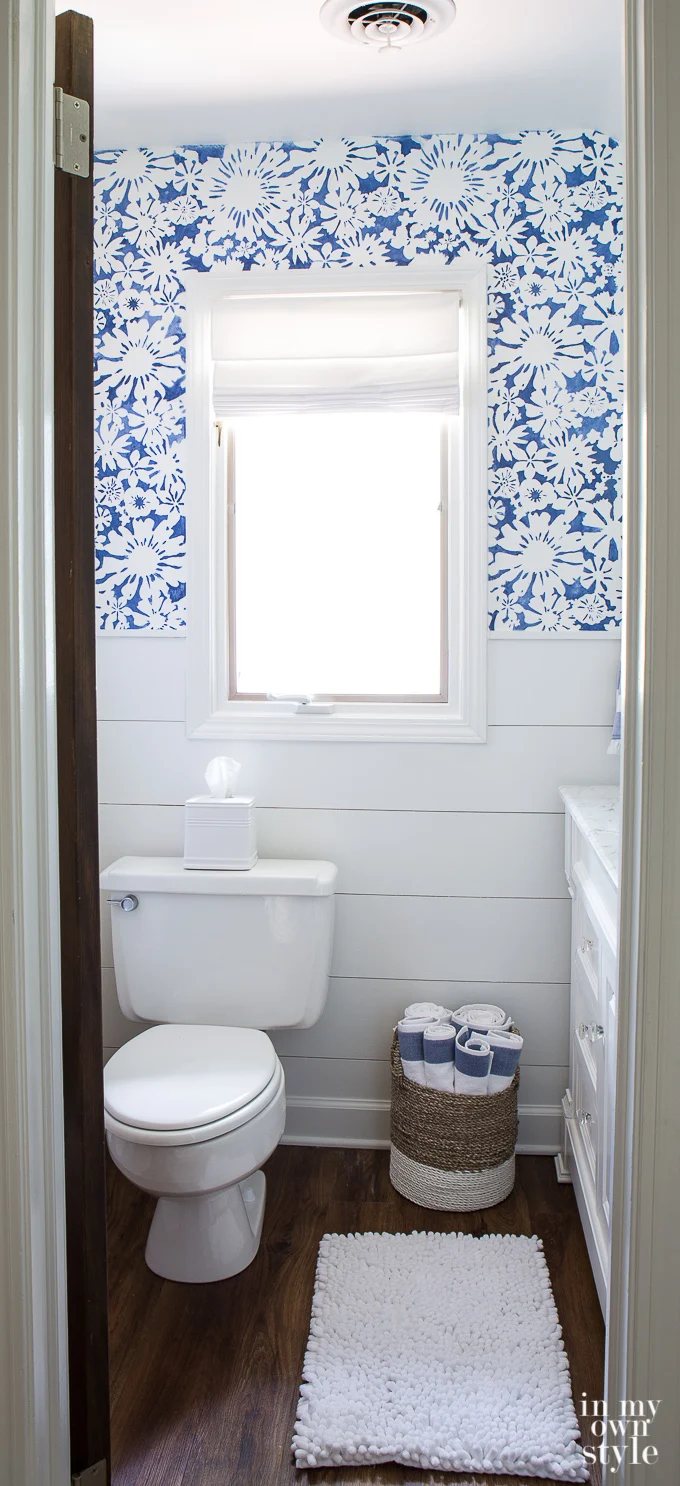 Bathroom with Faux wallpaper created with a stencil