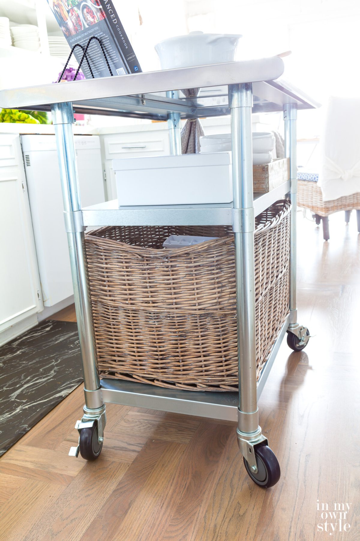 After photo showing my rolling metal kitchen island with a second shelf added.