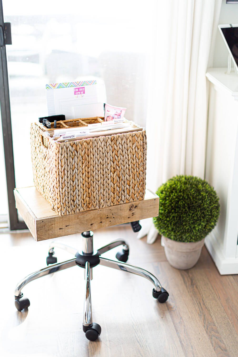 Completed office chair makeover to mobile file folder holder to use when working from home.