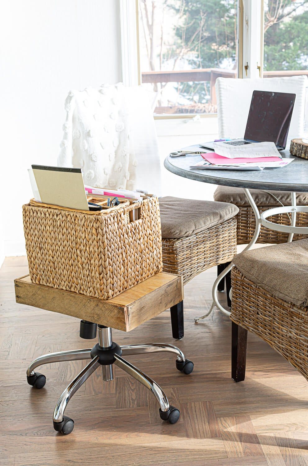 Creative file storage idea. Mobile hanging file folder organizer by kitchen table.