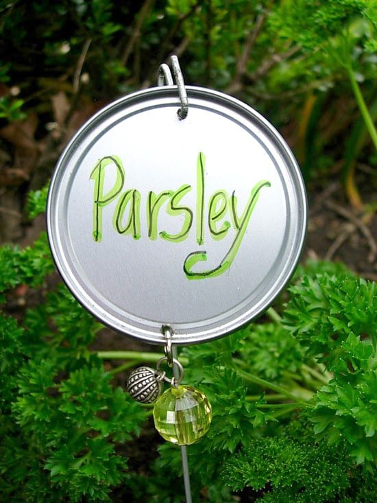DIY garden markers made with an oj can lid