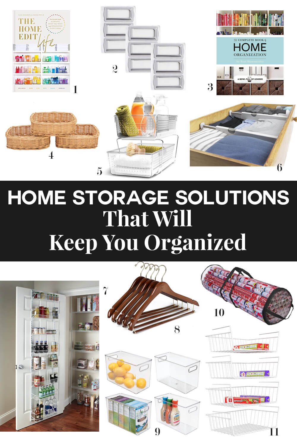 Home Storage and organizing products. Text overlay says Home Storage Solutions that will keep you organized.