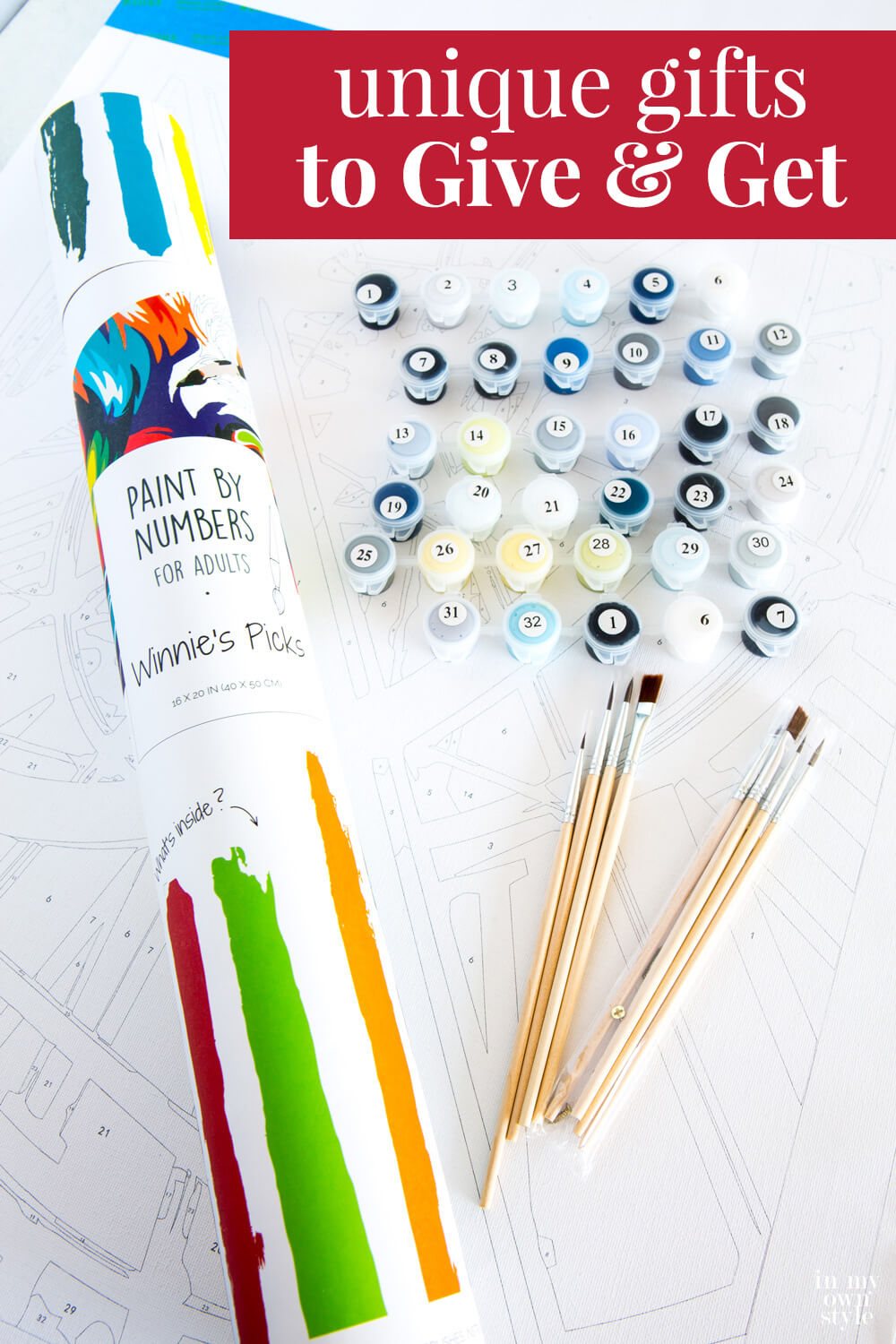 Winnie's Picks paint by number canvas with paints and brushes.