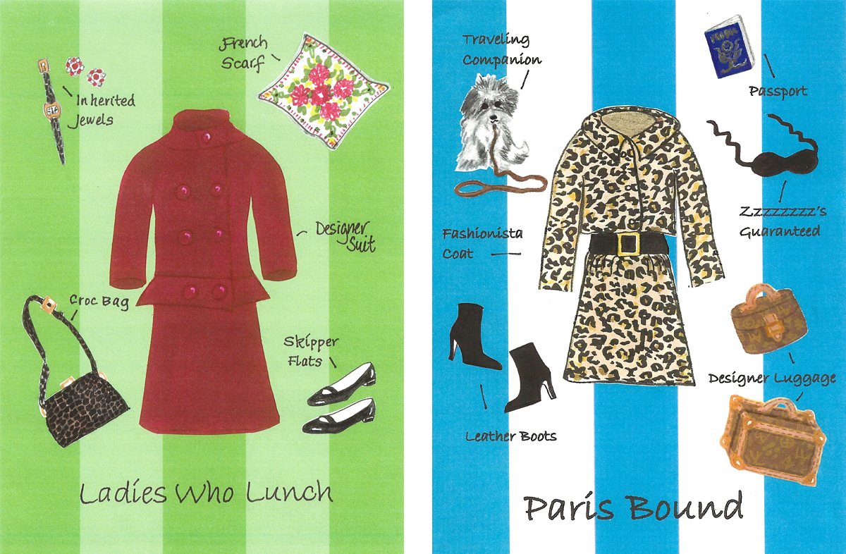 2 colorfully illustrated cards of women's fashions. One says Ladies That Lunch, the other Paris Bound.