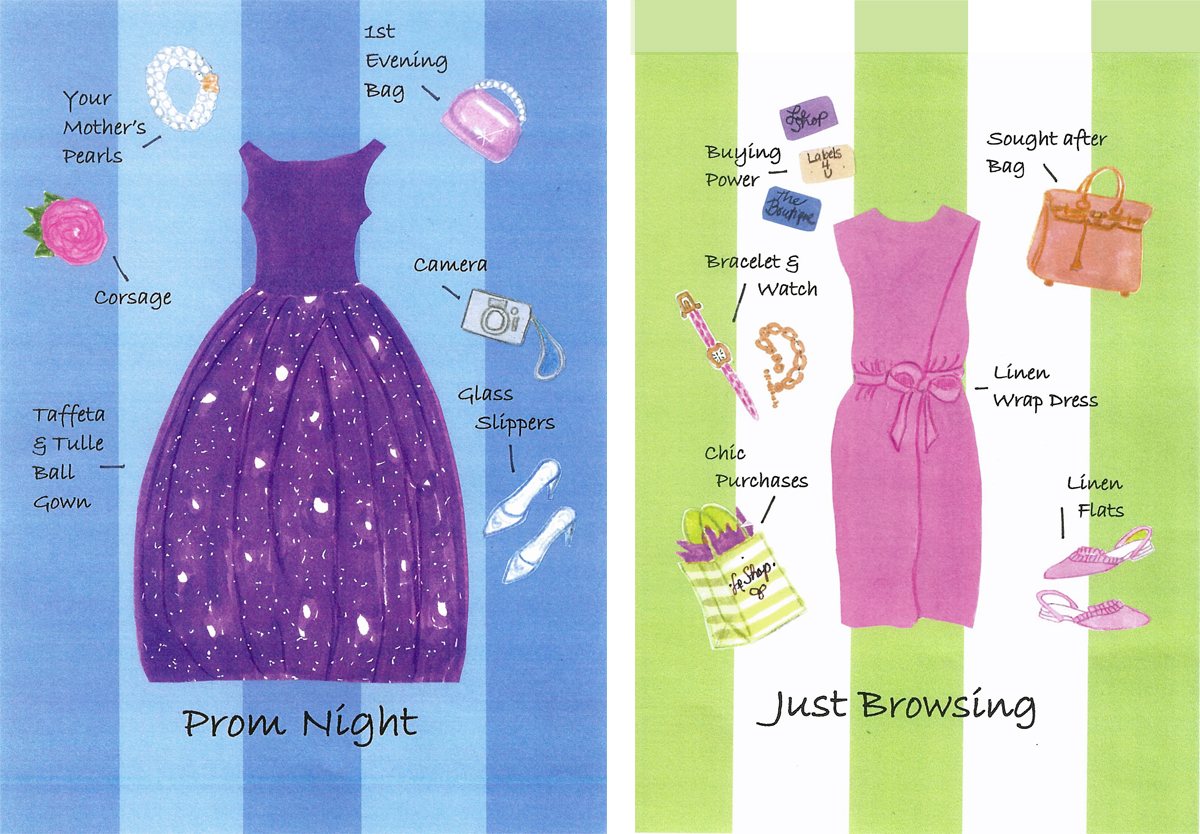 2 colorfully illustrated cards of women's fashions. One says Prom Night, the other Just Browsing.
