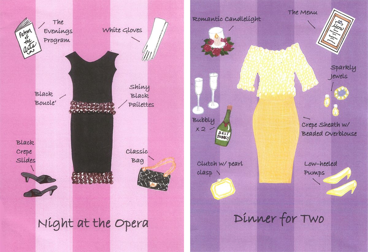 2 colorfully illustrated cards of women's fashions. One says Night at the Opera, the other Dinner for Two