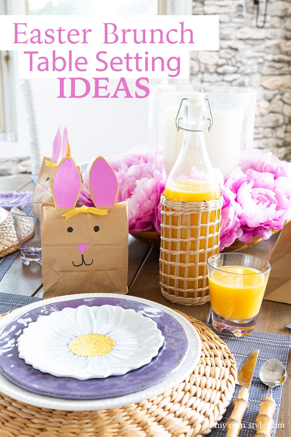 Easter table set using white, pink, purple and yellow.
