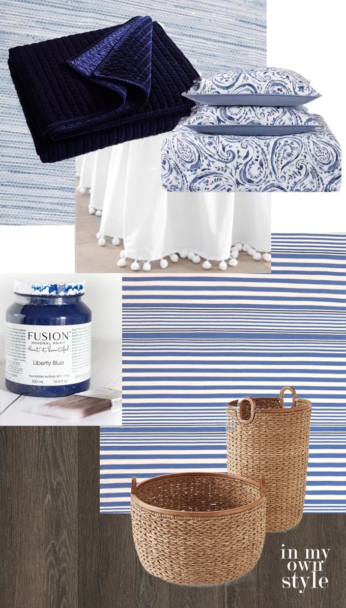 Mood board for casual blue and white bedroom makeover