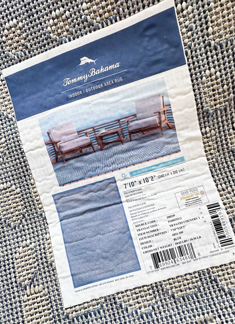 Label on Tommy Bahama area rug.