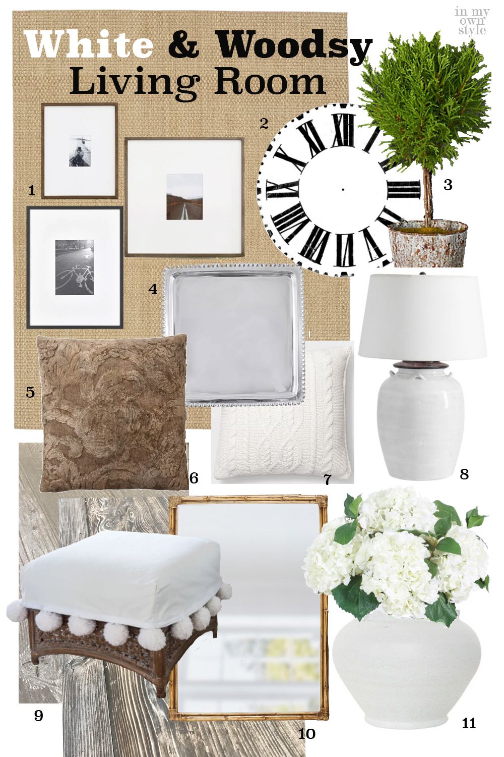 Items to use for a White and Woodsy Decorating style