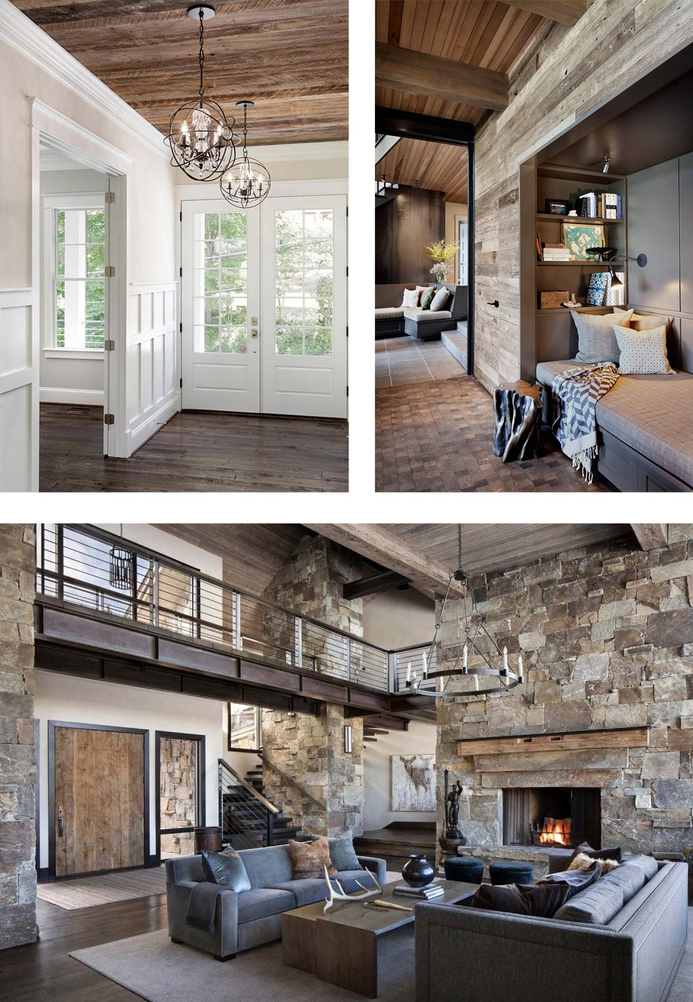 A collection of three homes using Barnwood planks and white rustic and interiors.