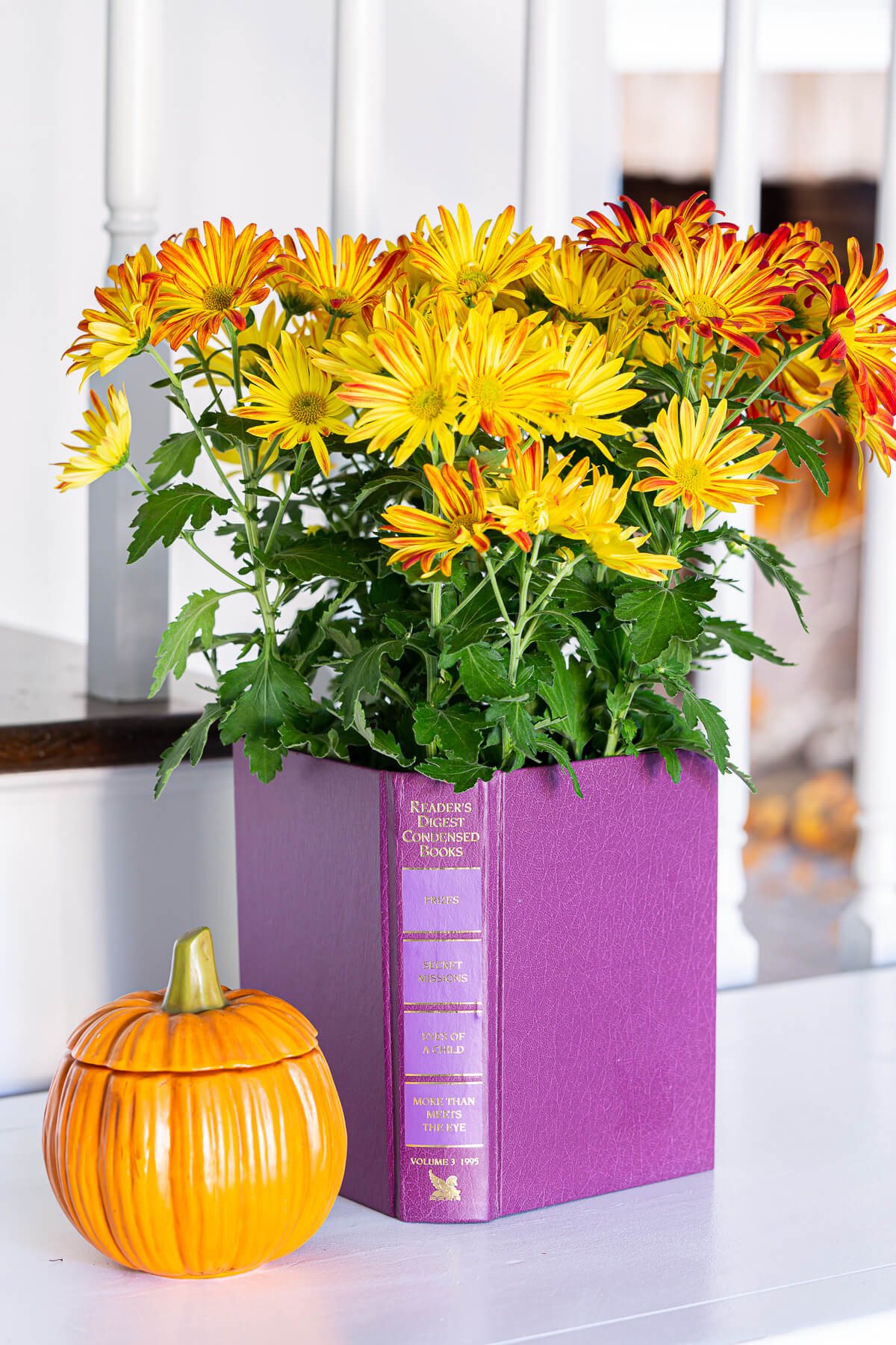 Home Decorating crafts made with old books - a mum planter pot cover.
