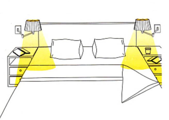 swing arm lamp lighting on both sides of a bed in a bedroom.