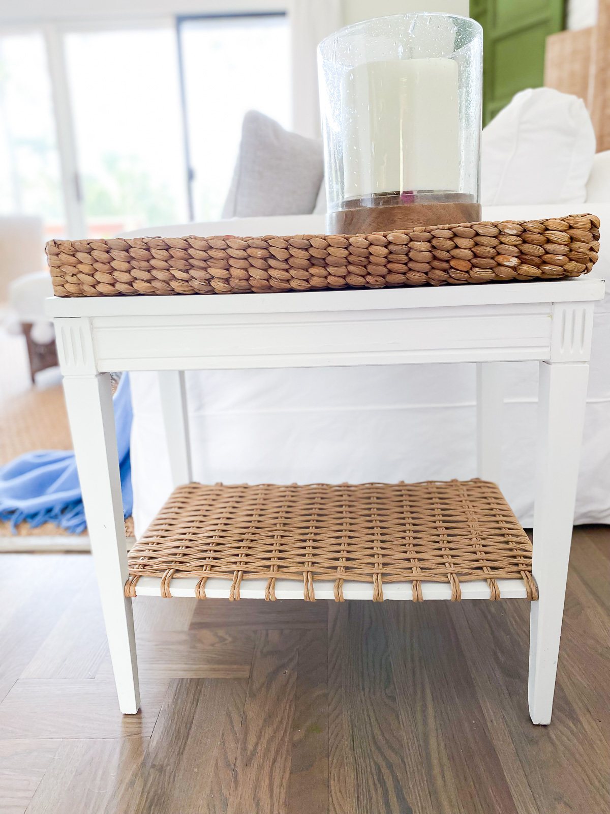 side view of two tier table after getting DIY table makeover.
