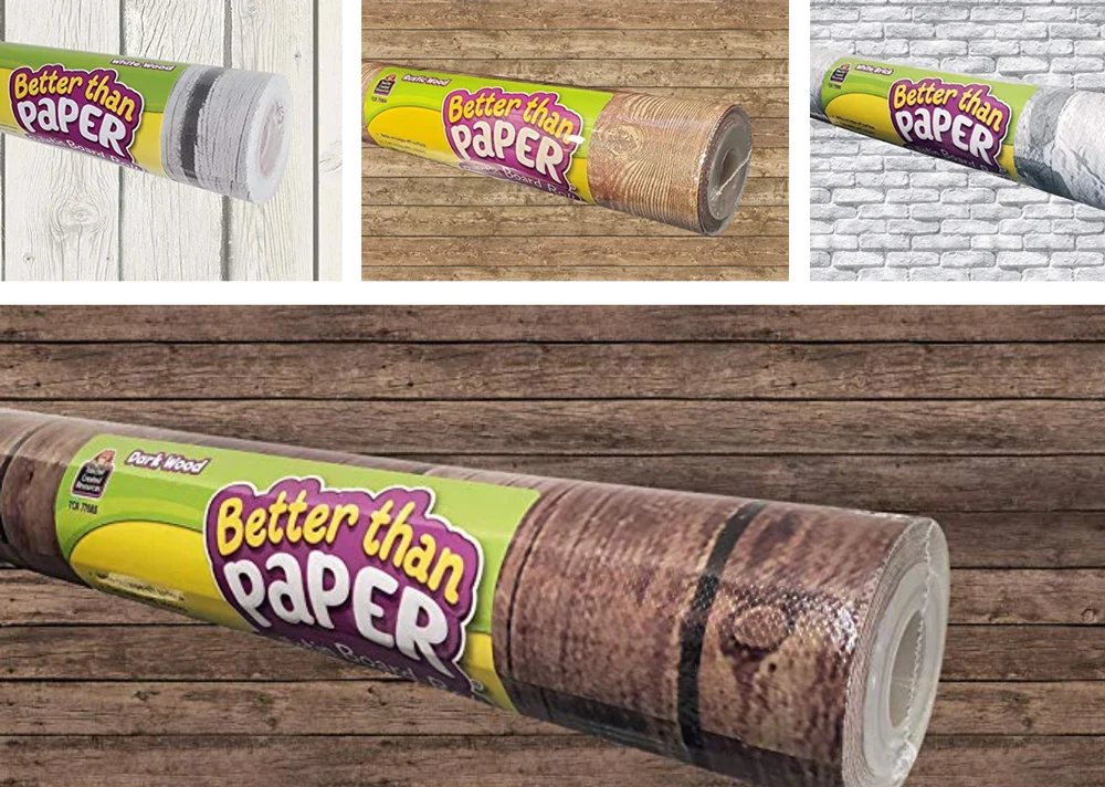 What Can I Use Instead of a Tablecloth? Image of the wood color rolls of Better Than Paper Bulletin Board Roll teacher paper that has many other uses like as an alternative to a table cloth for a holiday or wedding table.