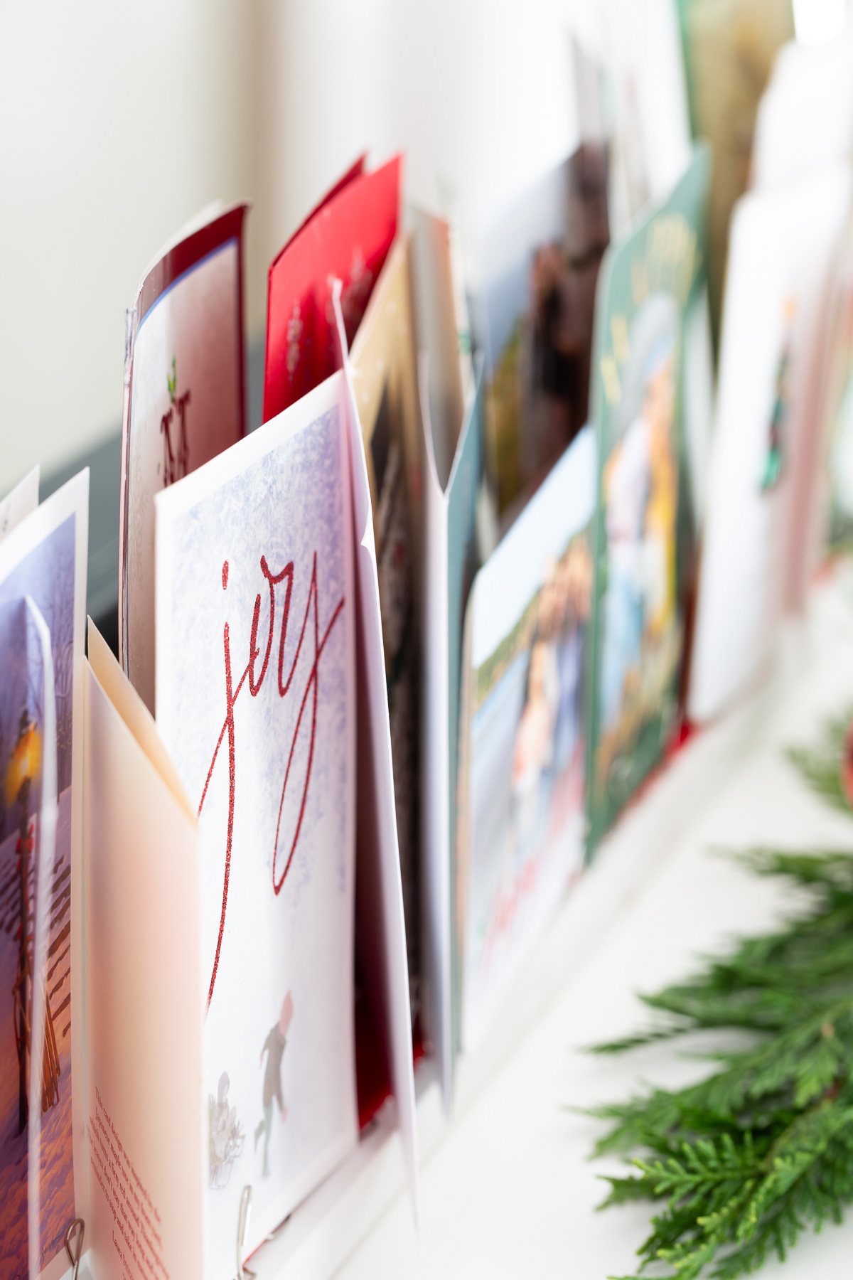 A line up of Christmas cards on display.