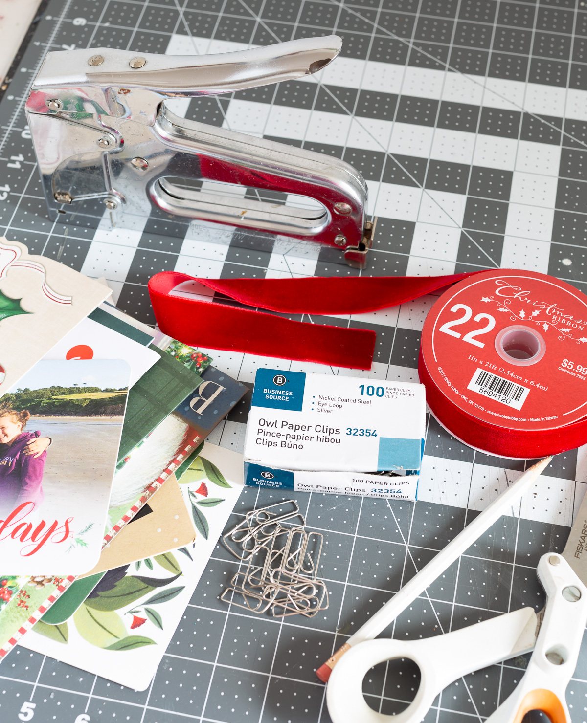 supplies needed to make a long Christmas card holder for a mantel or long table.