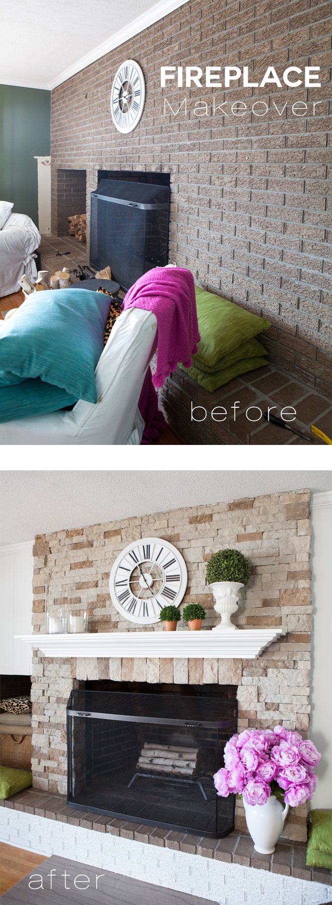 DIY fireplace and mantel makeover. This fireplace went from boring brick to wow by using a piece of repurposed furniture to create the floating mantel. | Oducu